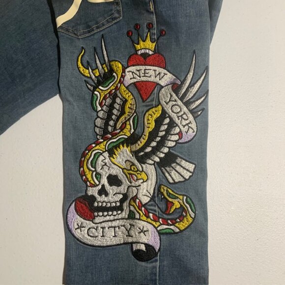 Vintage Ed Hardy Skull & Serpent Embroidered Low Rise Y2K Grail Jeans Size 26 - Picture 13 of 16